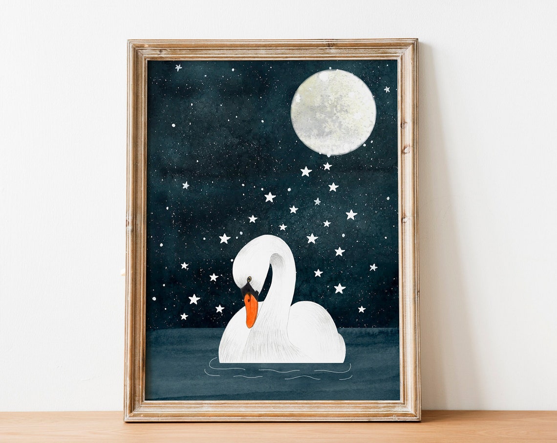 Swan Celestial Art Print, Moon and Stars