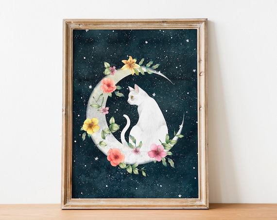White Cat Art Print, Moon and Stars Illustration