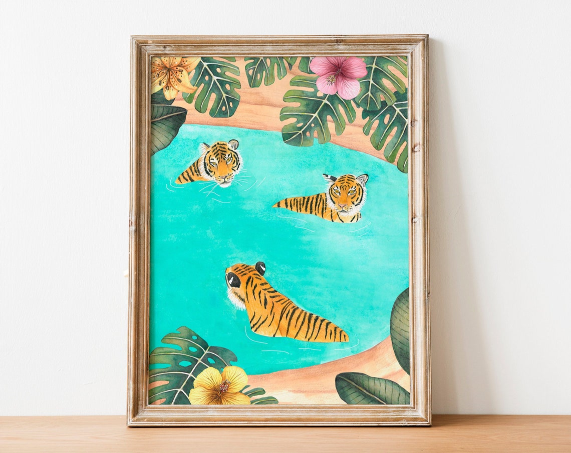 Jungle Tiger Swimming Art Print, Tropical Safari