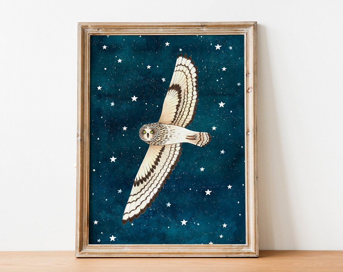 Owl Forest Painting Moon Art Print, Nursery Decor