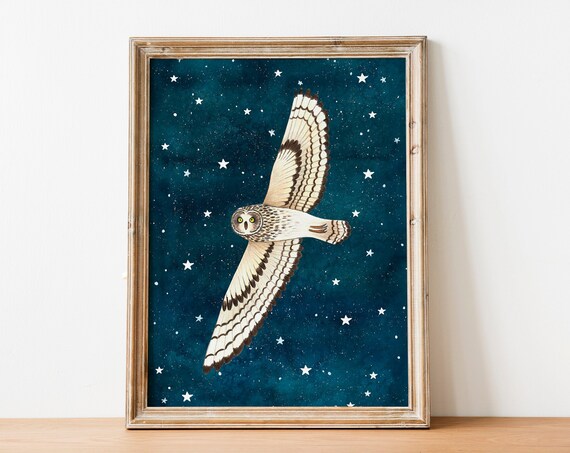 Owl Forest Painting Moon Art Print, Nursery Decor