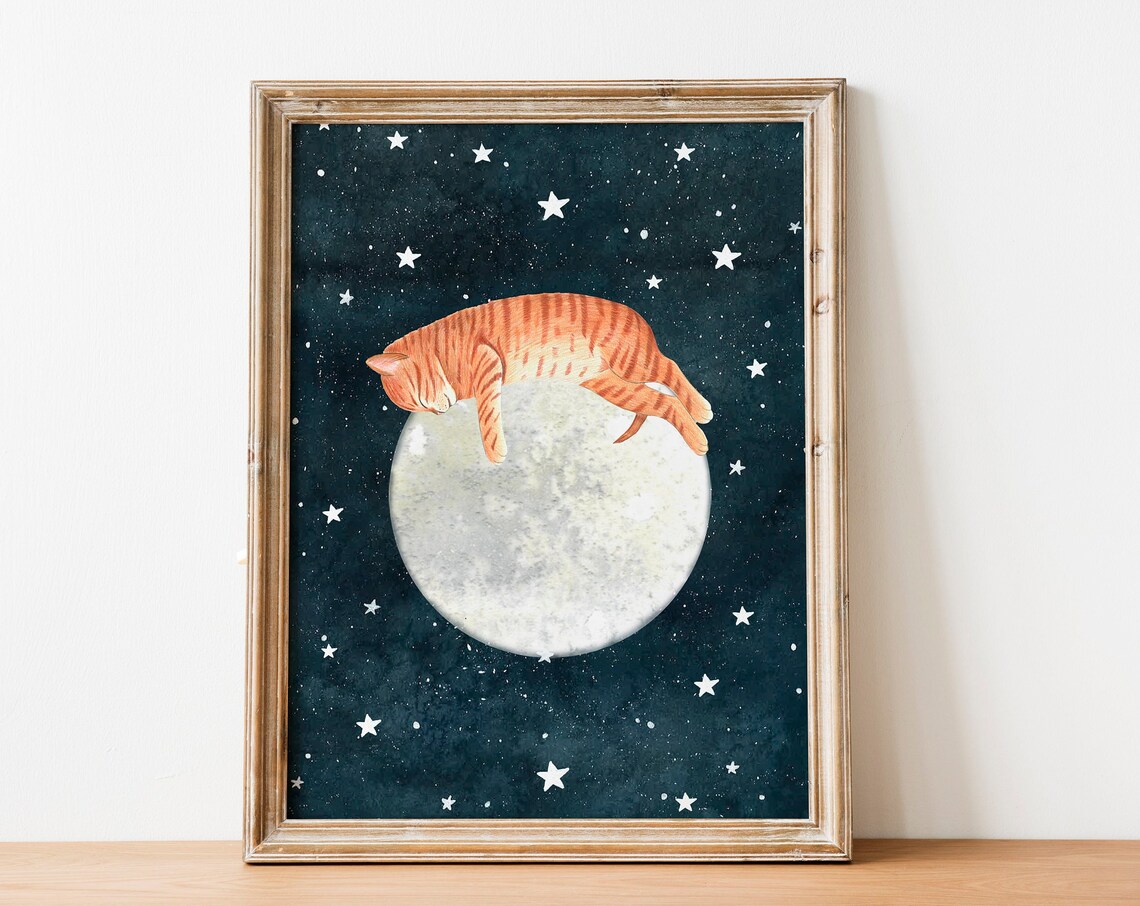 Orange Cat Print, Moon Nursery Wall Art