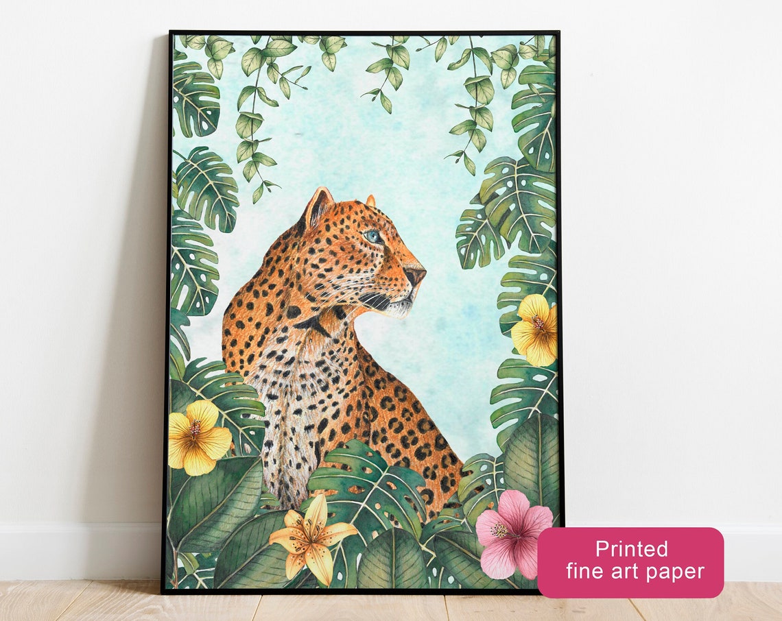 Jungle Illustration Leopard Painting Tropical Wall Art Animal Prints Animals Print Leopards Artwork Floral Decor