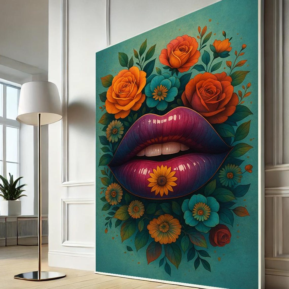 Colorful Lips Roses Floral Teal Pop Art Beauty Salon Wall Decor Poster