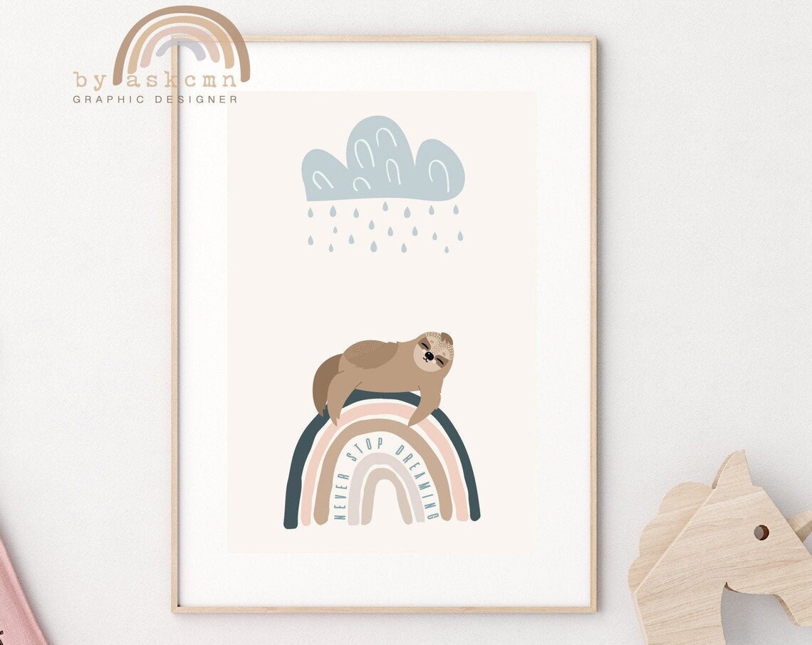 Sleepy Sloth Never Stop Dreaming Rainbow Rain Cloud Nursery Wall Decor Poster - Image 6