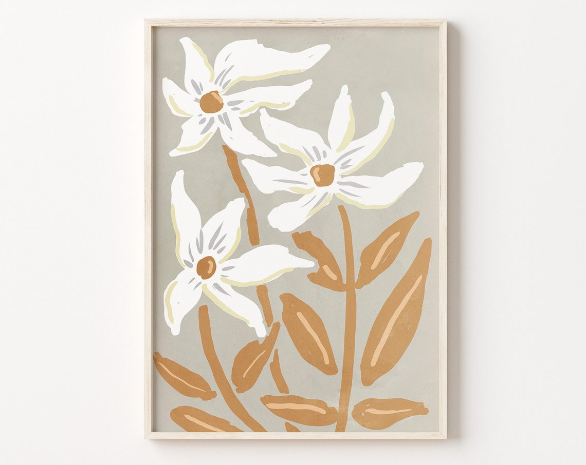 White Flowers Ochre Stems Sage Green Modern Botanical Wall Art