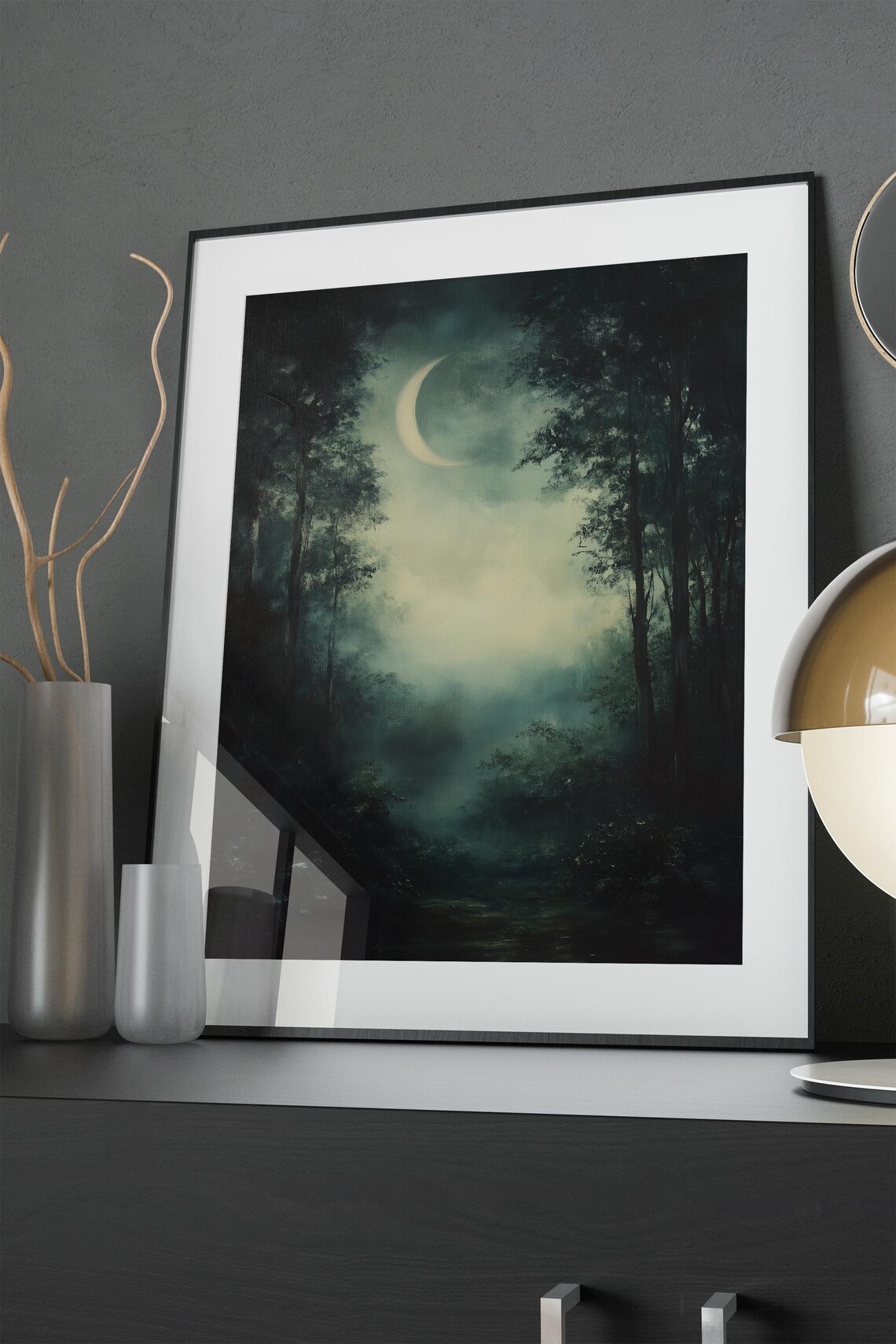Large Crescent Moon Rising Over Foggy Forest Night Painting Poster - Image 2