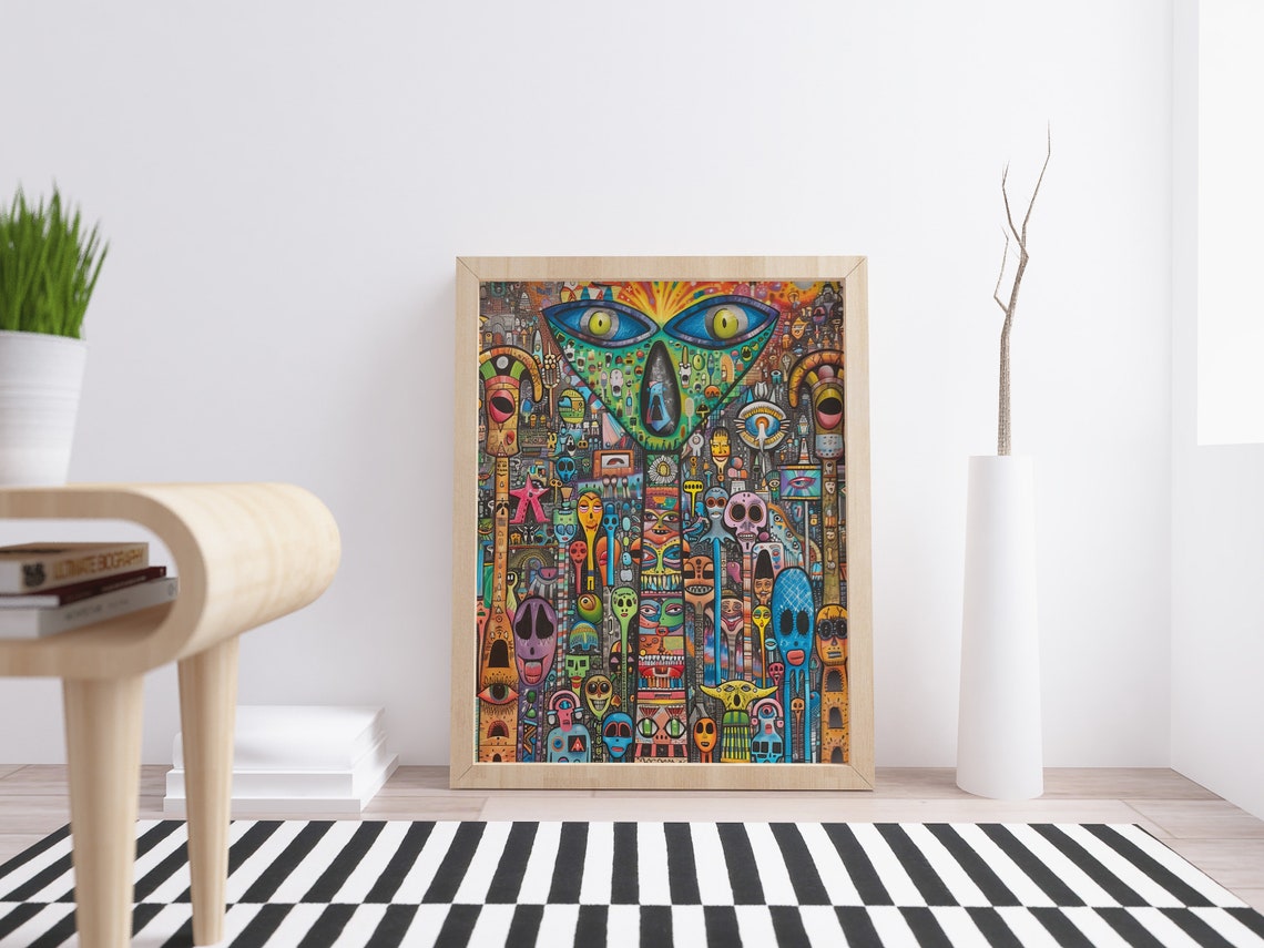 Colorful Totem Mask Creatures Psychedelic Doodle Pop Art Poster - Image 2