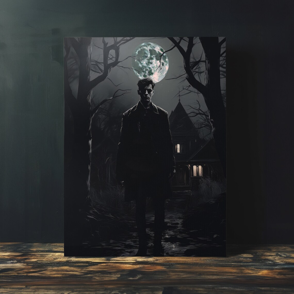 Pale Vampire Figure Gothic Mansion Green Moon Night Moody Dark Art Poster - Image 4