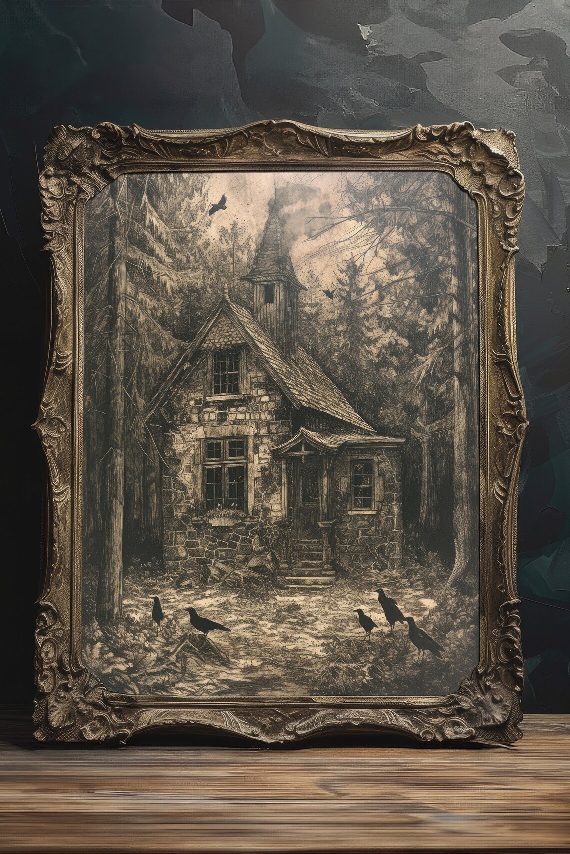 Forest Cabin Etching Style Landscape Art Print - Image 2