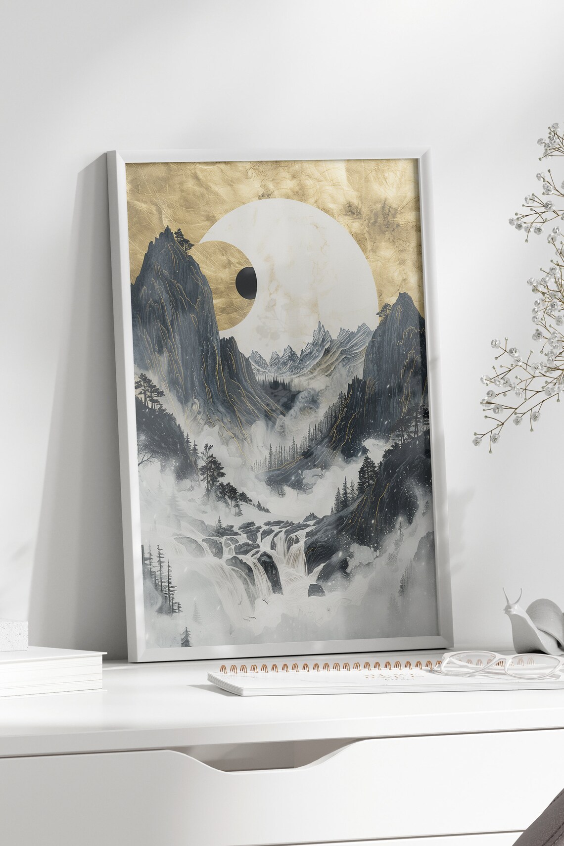 Moody Chinese Mountain Landscape Gold Moon Misty Waterfall Poster - Image 2