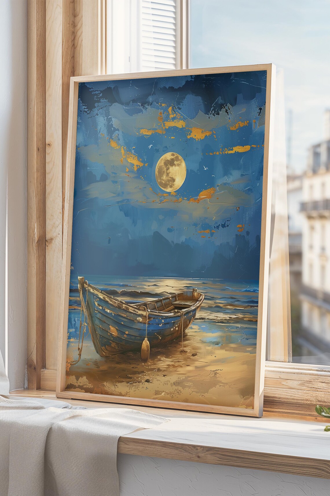 Full Moon Night Boat Beached Blue Coastal Scene Painting Print - Image 2