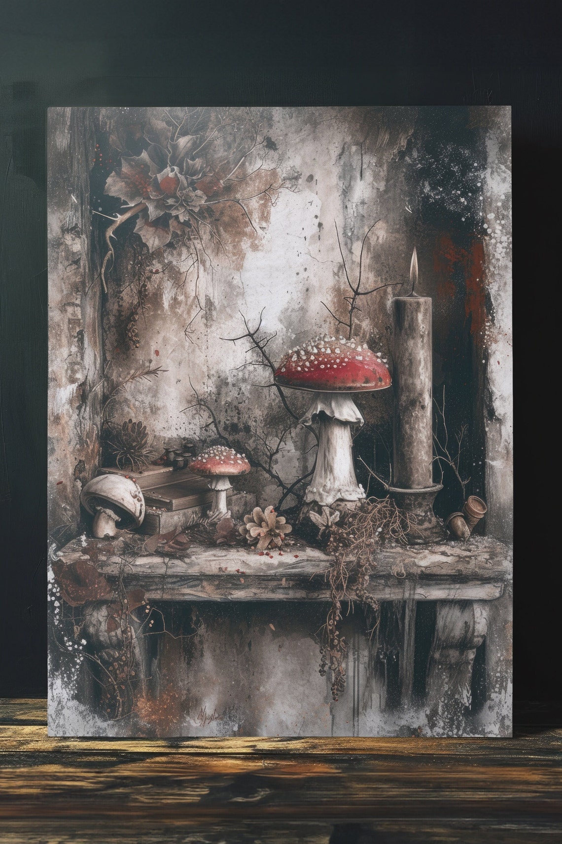 Dark Cottagecore Mushroom Still Life Print Candle Moody Wall Decor - Image 4