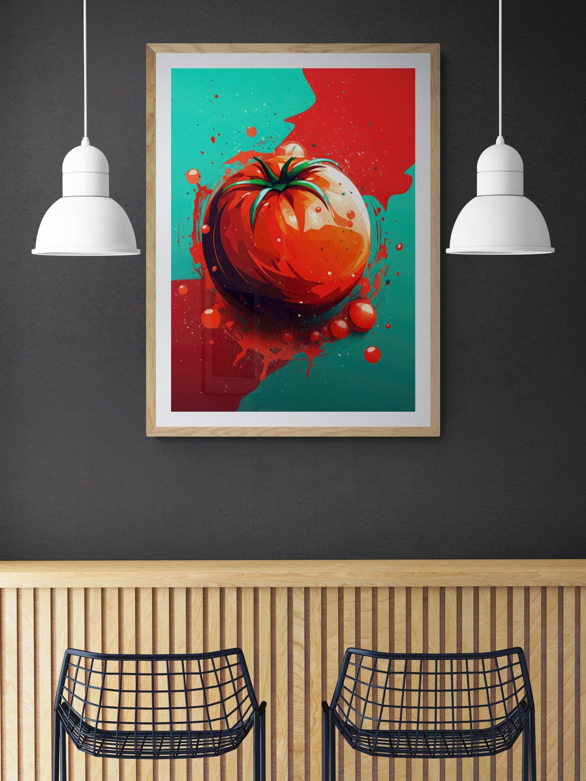 Red Tomato Illustration Teal Red Split Background Kitchen Poster - Image 2