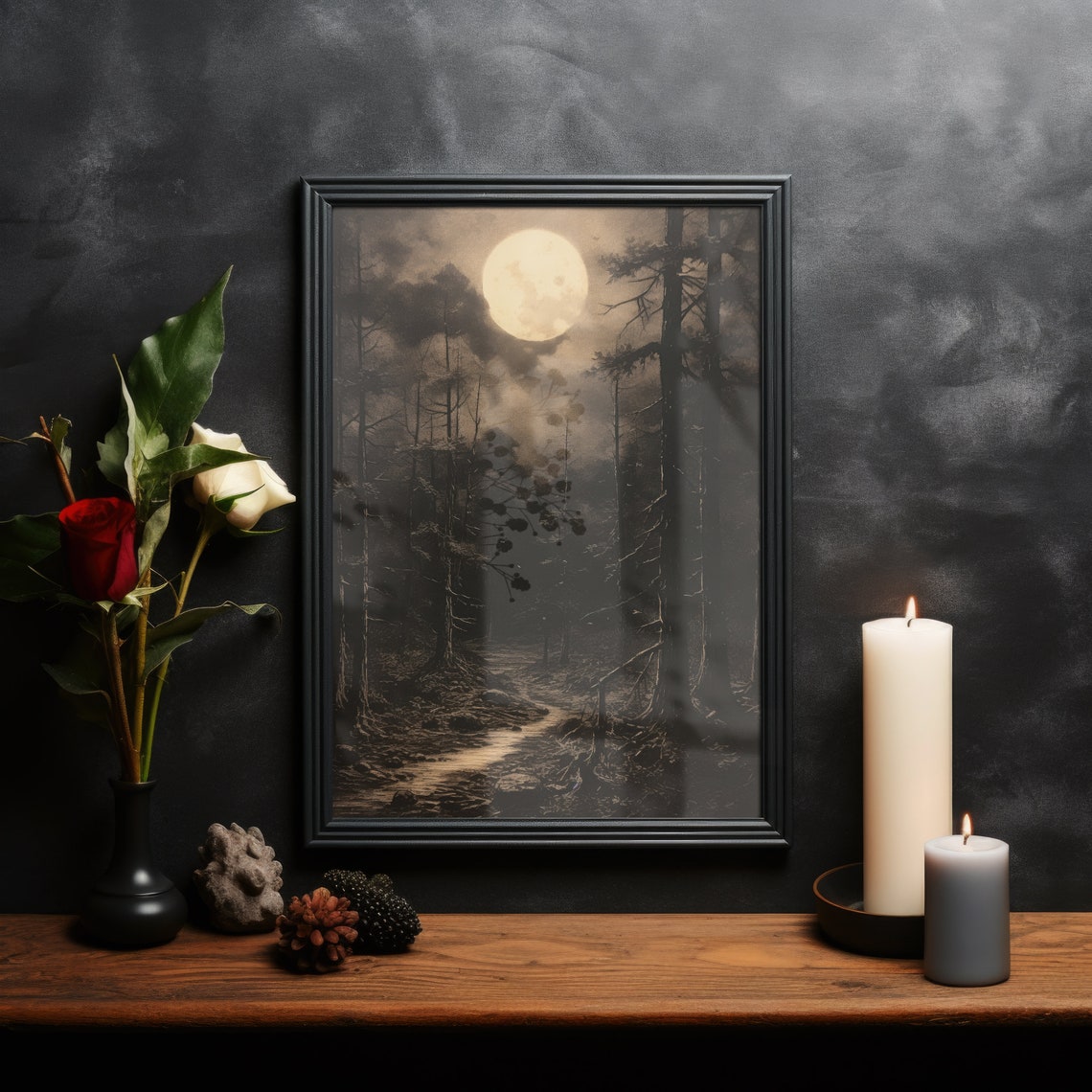 Full Moon Over Moonlit Pine Forest Path Night Landscape Wall Art - Image 2
