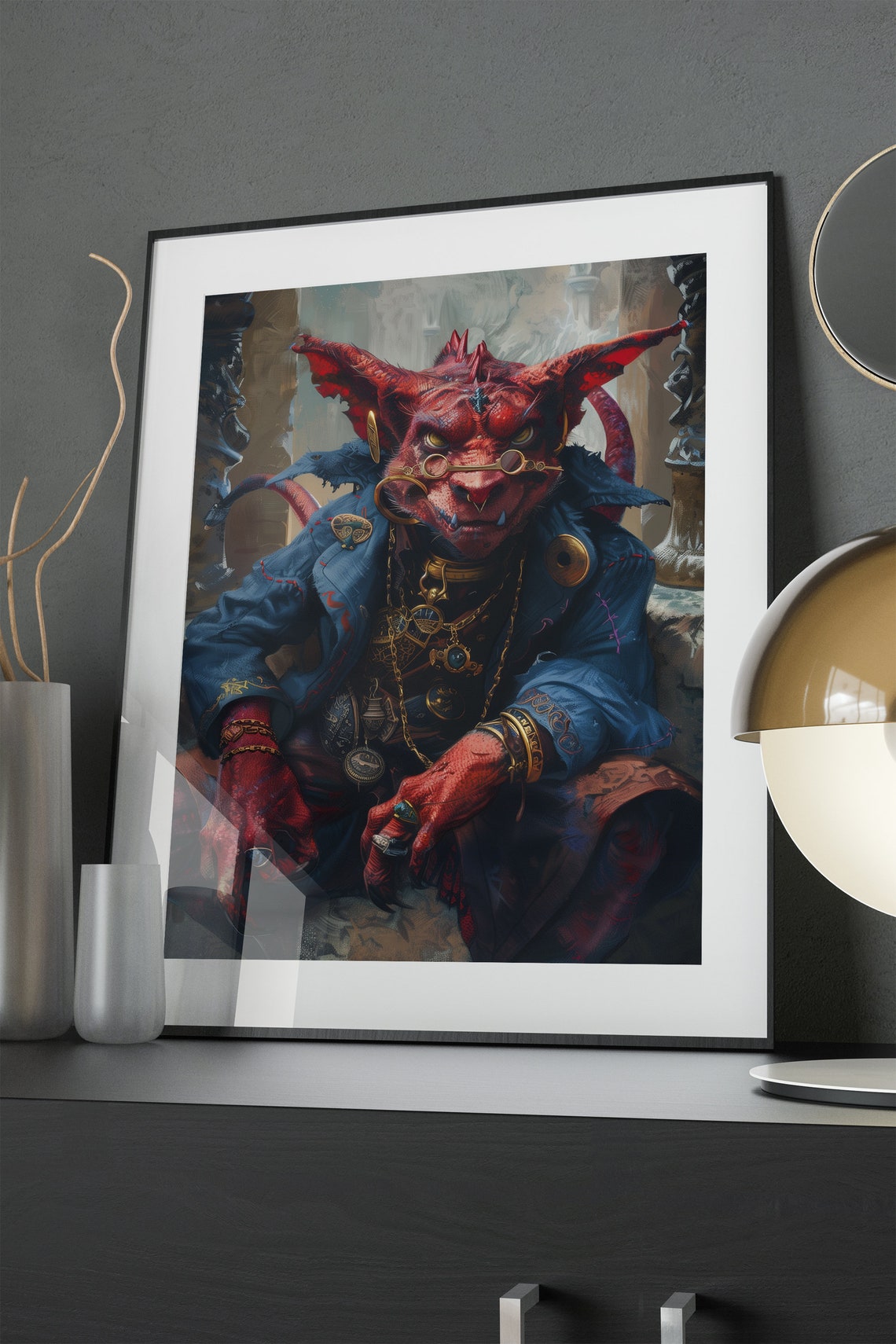 Red Goblin Portrait Blue Coat Gold Spectacles Fantasy Art Poster - Image 4