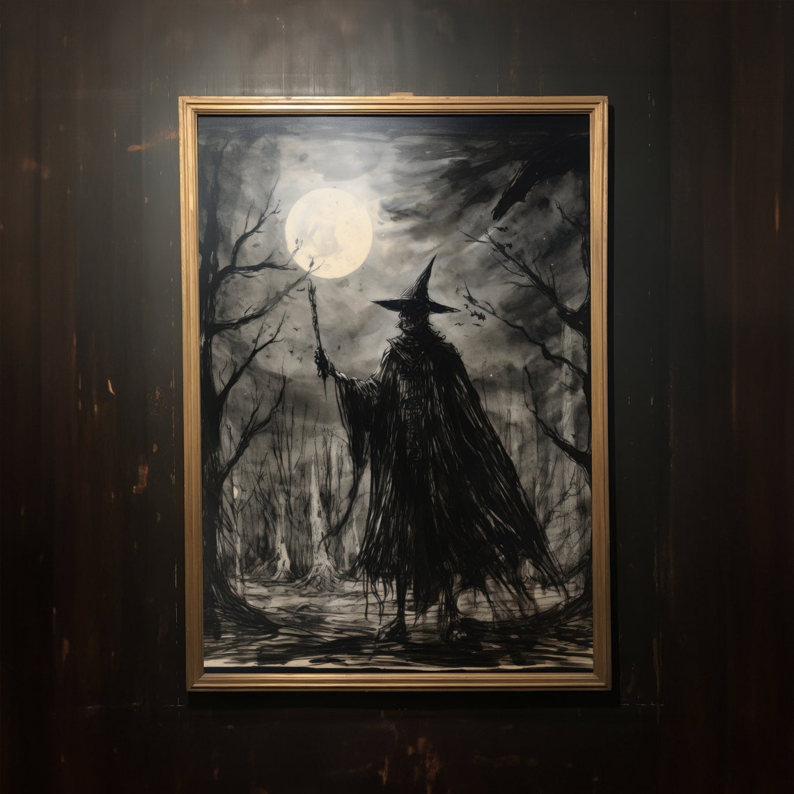Moonlit Witch With Staff Bare Trees Ink Dark Fantasy Wall Art - Image 2
