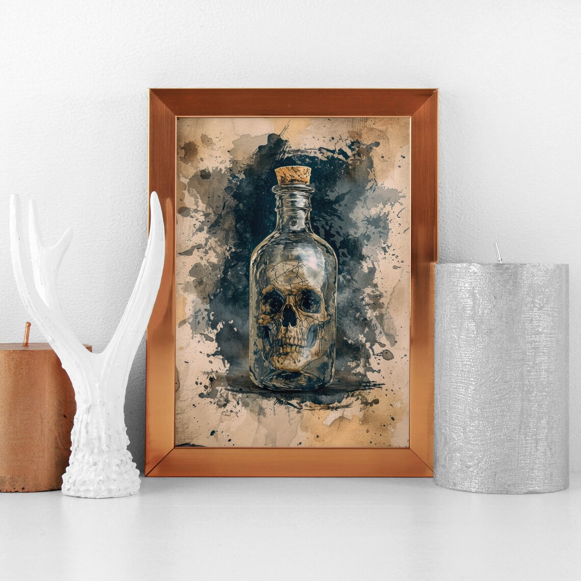 Skull In Glass Bottle Grunge Watercolor Painting Dark Art Print - Image 2
