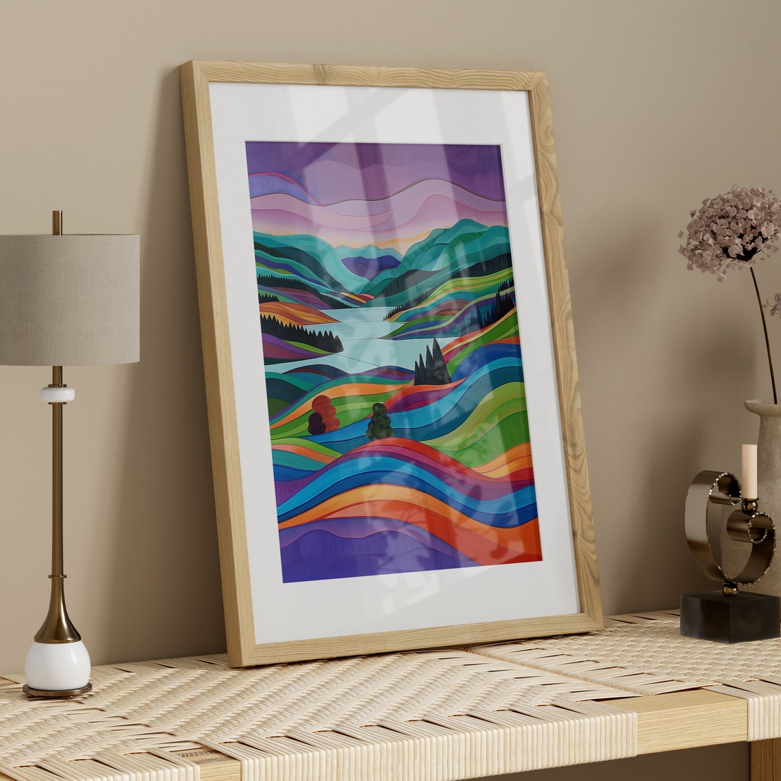 Rainbow Hills Lake Sunset Modern Art Deco Landscape Art Poster - Image 3