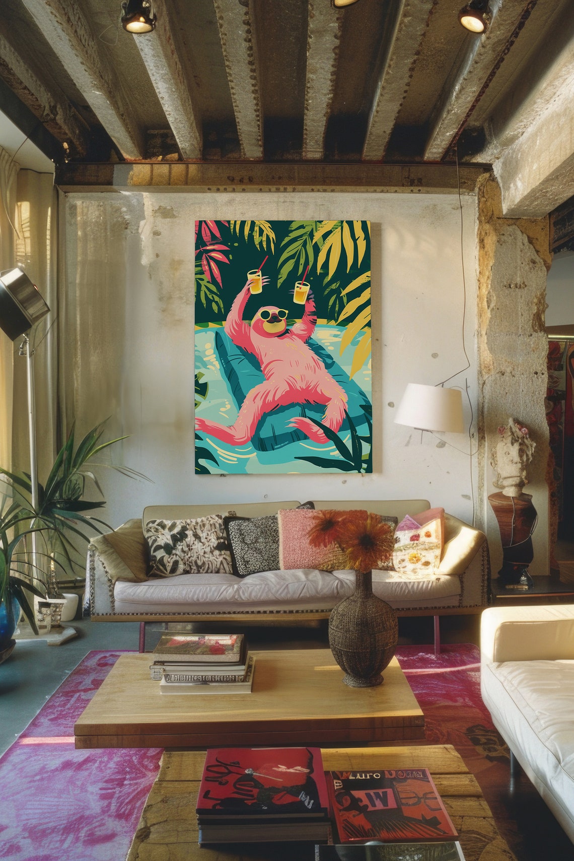 Party Sloth Pool Float Poster Tropical Vacation Retro Cocktail Decor - Image 4