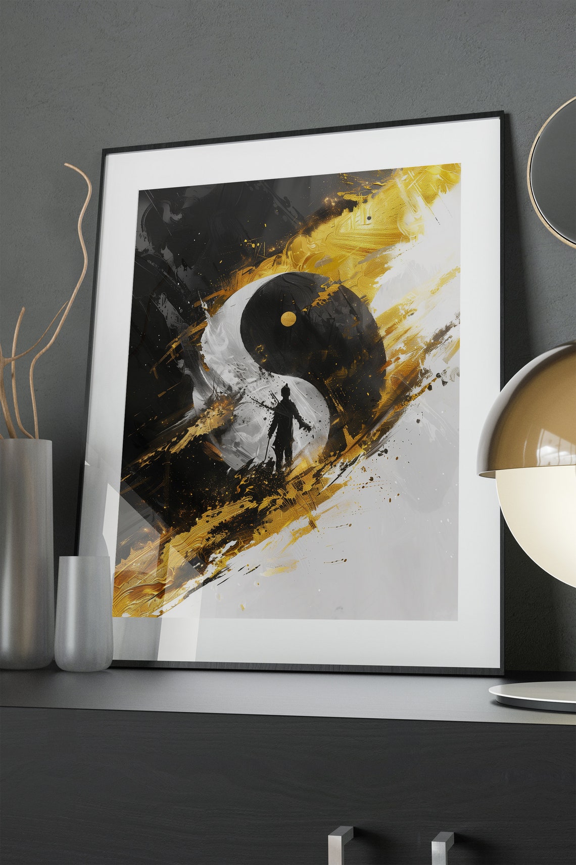 Yin Yang Gold Brushstroke Warrior Silhouette Abstract Art Poster - Image 4