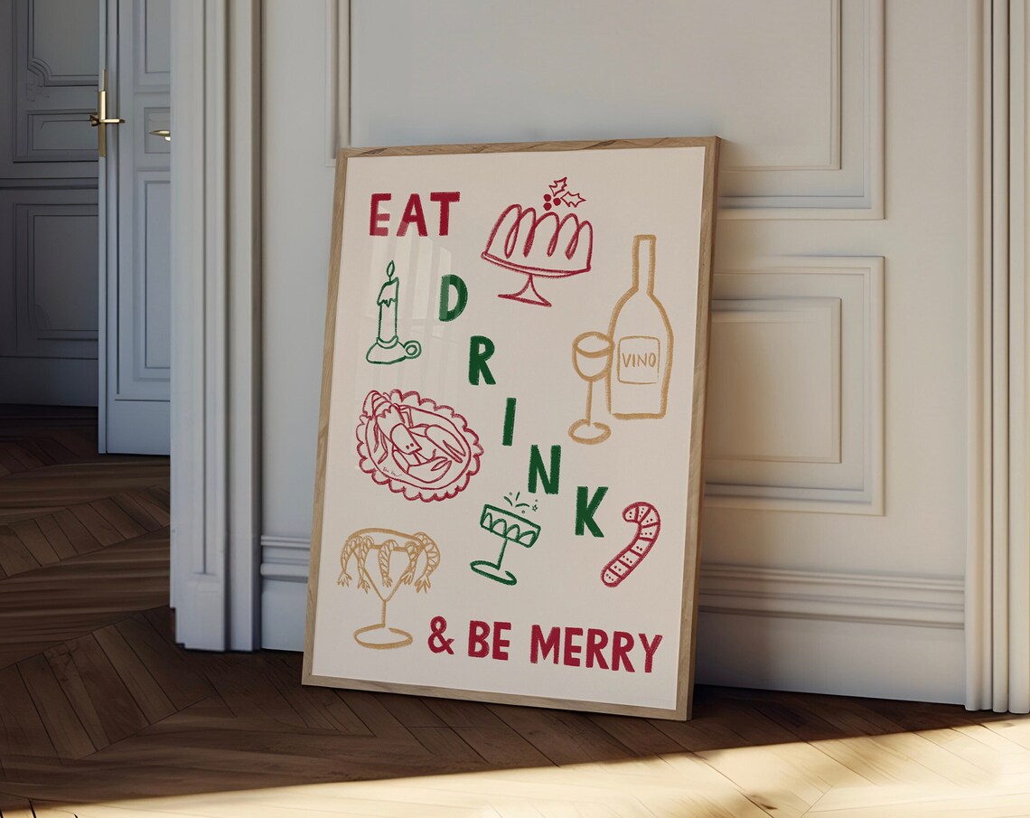 Eat Drink and Be Merry Christmas Food Doodle Illustrations Poster