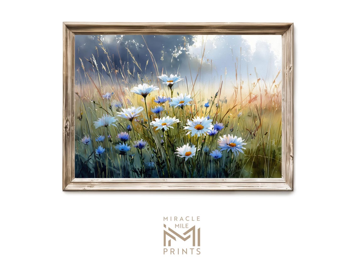 White Daisies Cornflowers Misty Morning Meadow Watercolor Poster