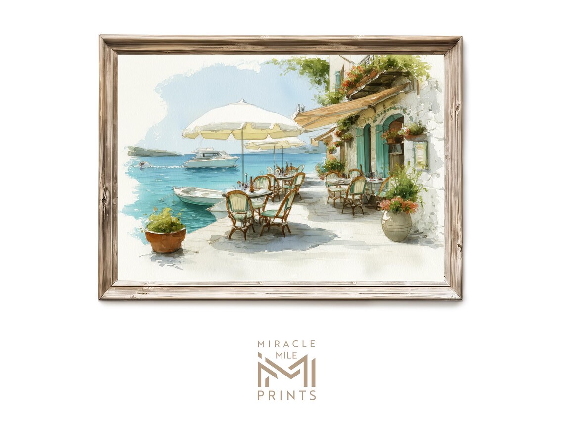 Seaside Cafe Terrace Boats Umbrellas Coastal Watercolor Art Poster