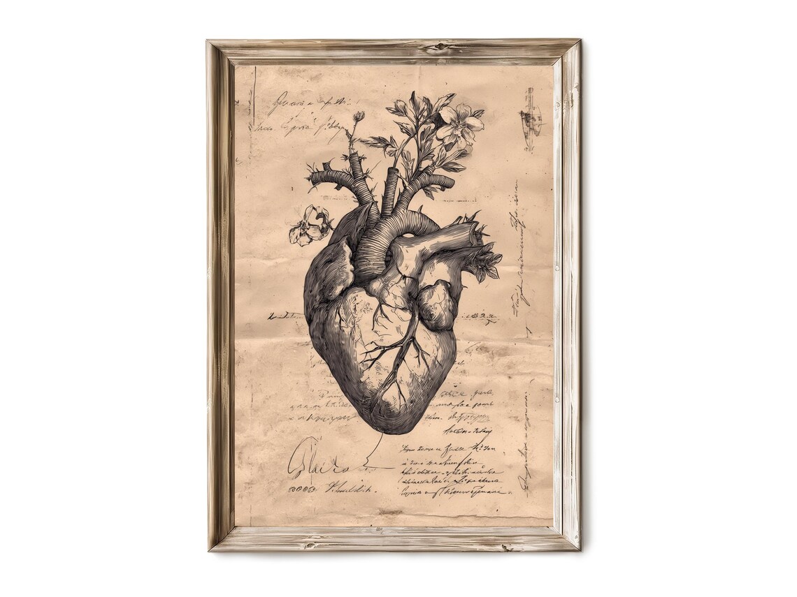 Anatomical Heart Drawing With Bones, Gothic Print