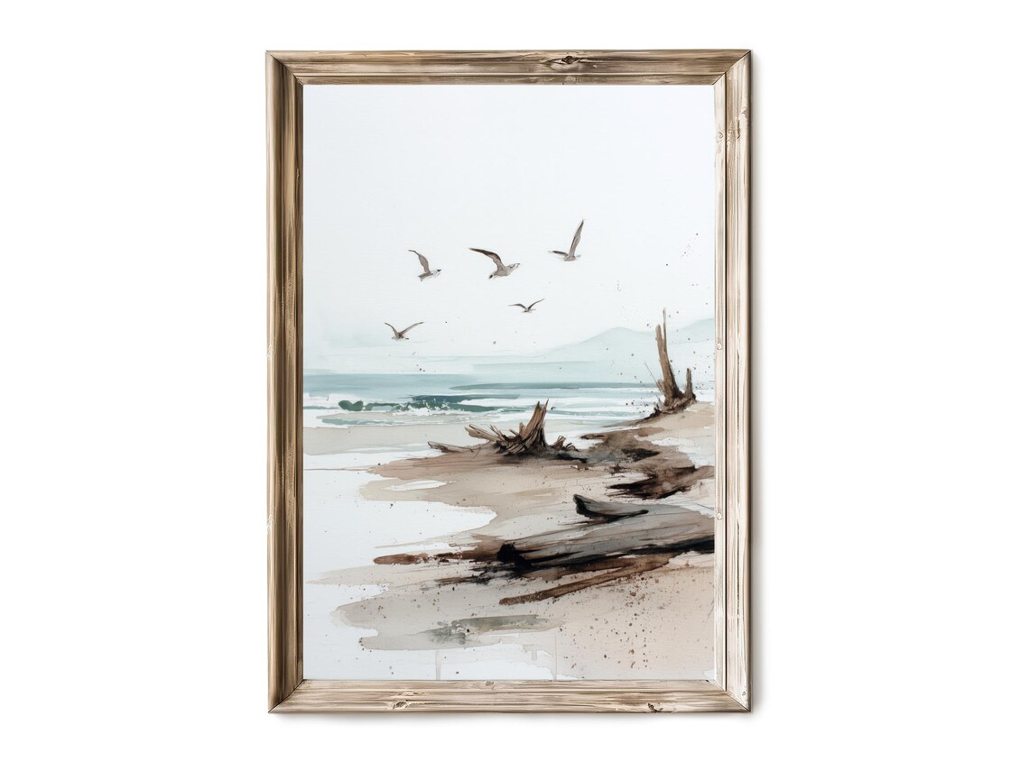 Beach Driftwood Seagulls Muted Watercolor Coastal Scene Poster