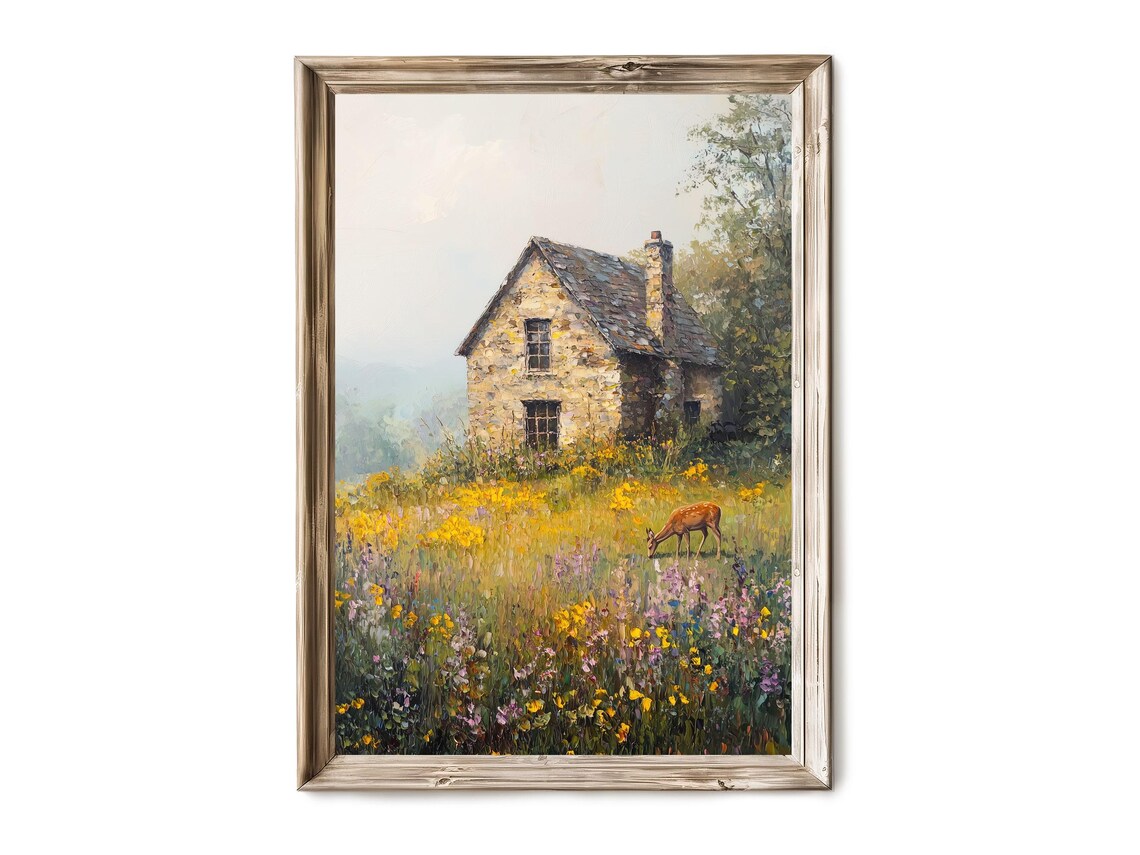 Stone Cottage In Spring Wildflower Meadow Deer Oil Painting Poster