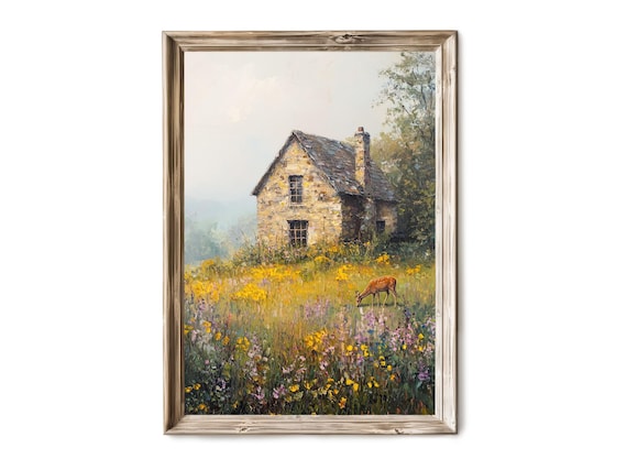 Vintage Spring Art Cottage Wall Rustic Oil Painting Serene Countryside Decor With Deer Gift For Home