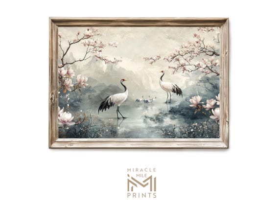 Chinoiserie Crane Pond Wall Art Pink And Cherry Blossom Print Toile De Jouy Botanical Decor Chinoiseries Poster Gift