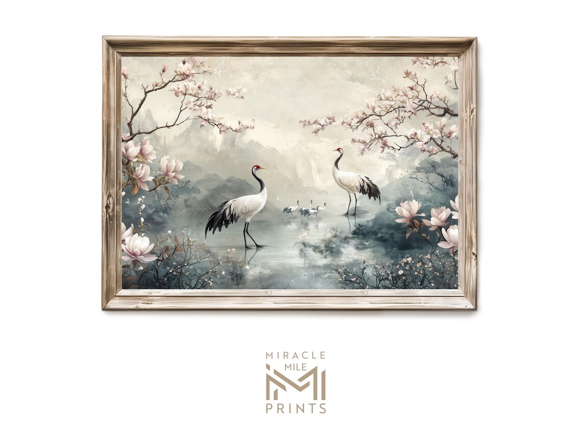 Pair of Cranes Misty Pond Cherry Blossom Chinoiserie Wall Art
