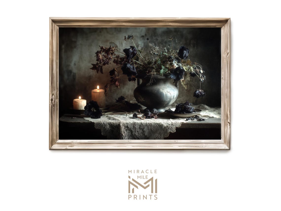 Gothic Dark Floral Vase Candle Still Life Dark Academia Poster