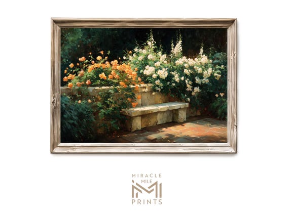 Blooming Summer Garden Wall Art Vintage Floral Landscape Scene Farmhouse Botanical Decor Warm Season Print 58