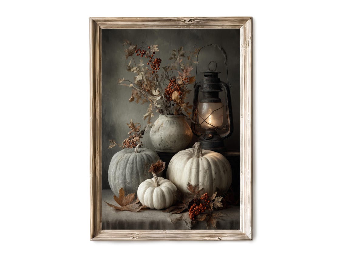 Fall Rustic Pumpkin Still Life Wall Art Autumn Heirloom Pumpkins With Lantern Moody Harvest Decor Artful Print V 448
