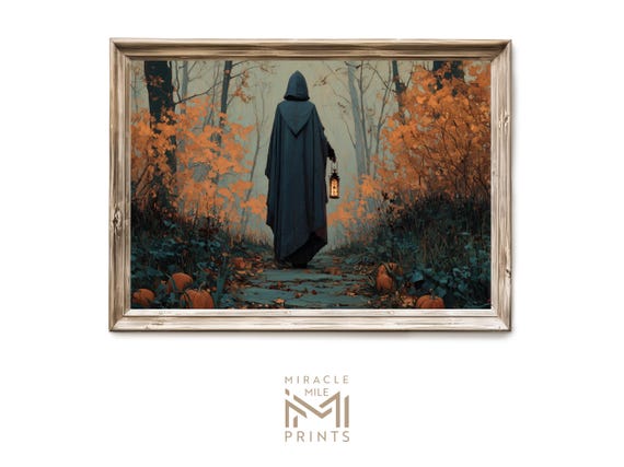 Halloween Hooded Figure In Forest Gothic Spooky Wall Art Haunted Dark Academia Decor Creepy Autumn Print 360