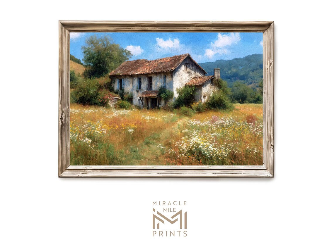 Old Stone Farmhouse Wildflower Meadow Oil Painting Art Poster