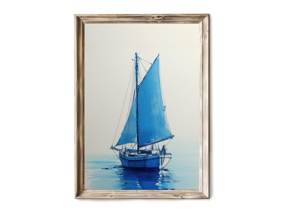 Serene Blue Sail Sailboat Minimalist Watercolor Ocean Art Poster