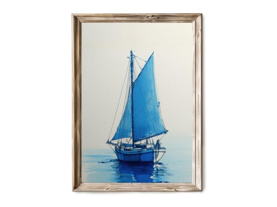 Vintage Sailboat Summer Print Nautical Wall Art Coastal Decor Fine Line Sailing Illustration Ocean Blue Boat Artwork 14
