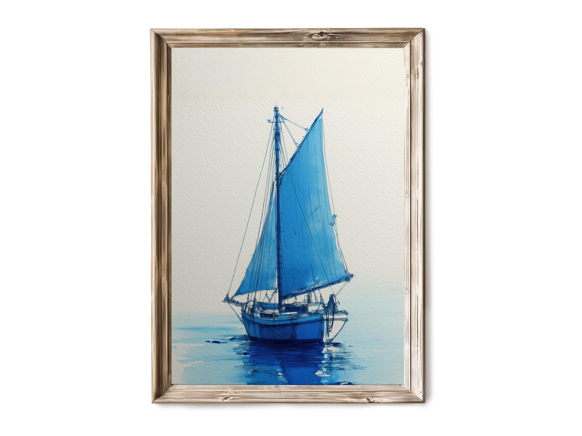 Serene Blue Sail Sailboat Minimalist Watercolor Ocean Art Poster