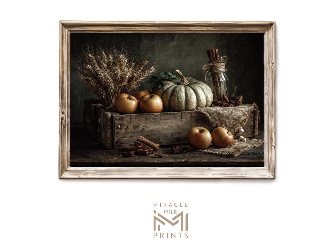 Rustic Harvest Still Life Wheat Apples Gourd Wooden Crate Poster