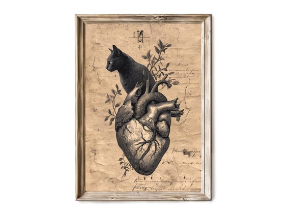 Halloween Wall Art Black Cat And Human Heart Botanical Illustration Spooky Gothic Decor Vintage 293