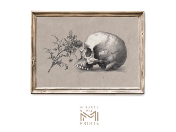 Halloween Skull With Flowers Gothic Print Vintage Anatomy Art Dark Academia Wall Decor Creepy Macabre 340