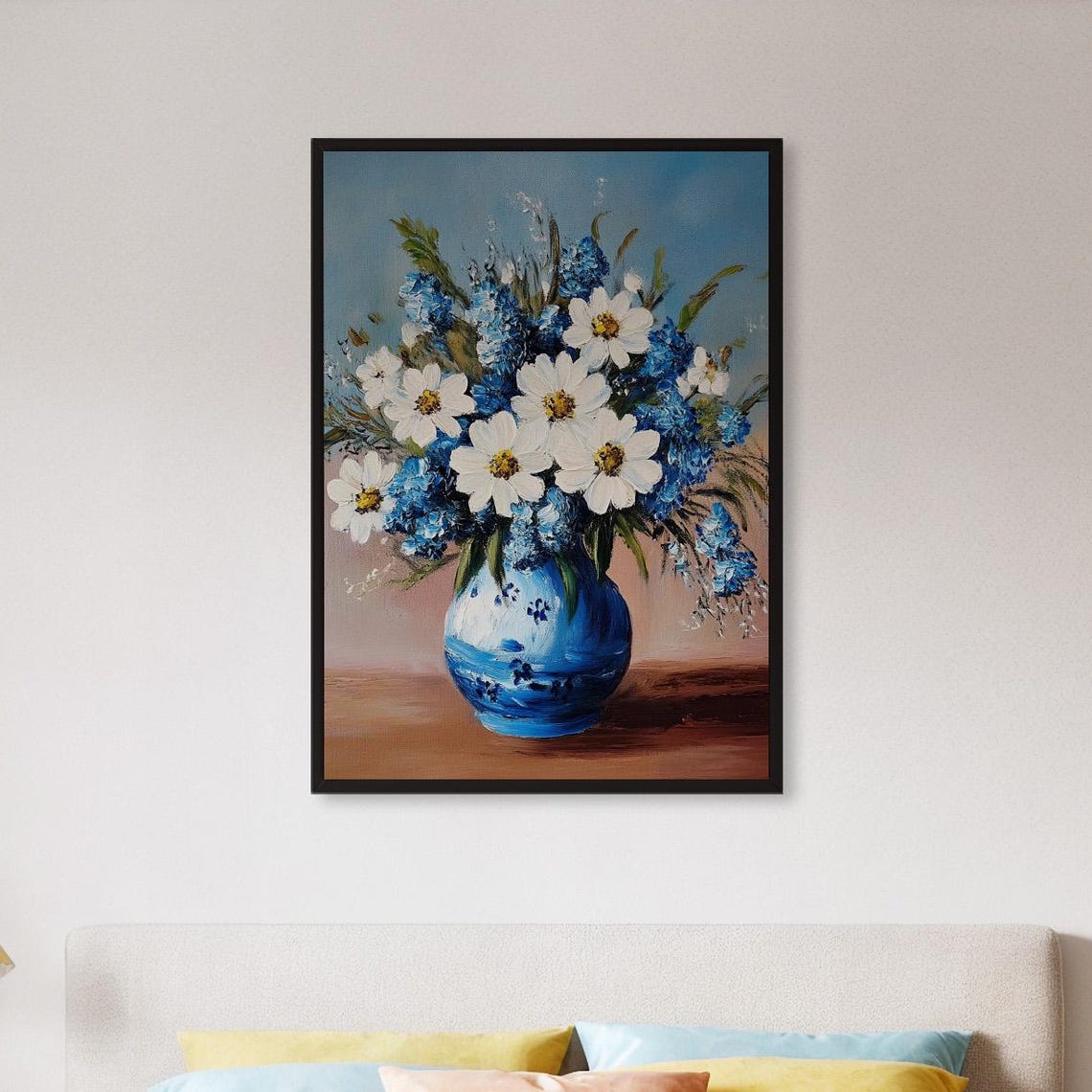 Blue Vase White Daisy Flower Botanical Oil Painting Art Poster