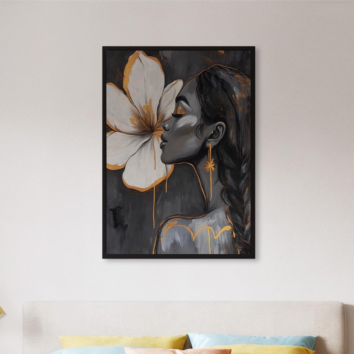 Black And Gold Woman Portrait With Flower Minimalist Art Poster