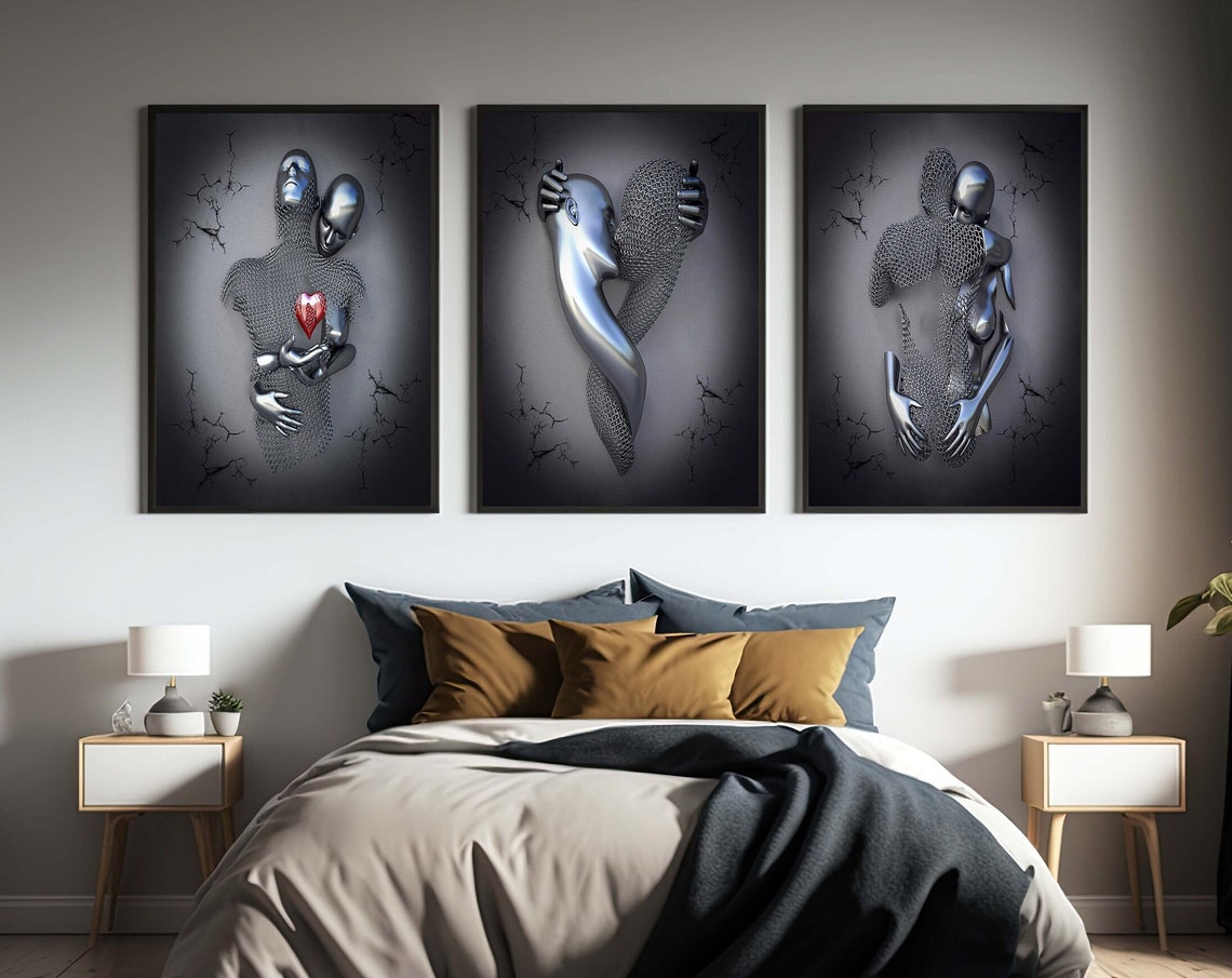 Silver Metallic Lovers Embrace Trio Set Chrome Heart Sculpture Poster