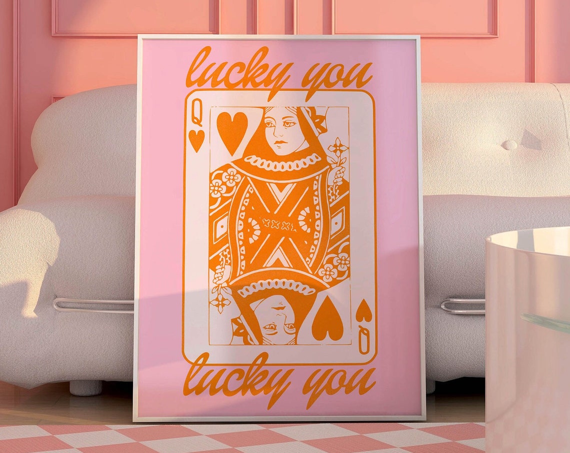 Lucky You Retro Pink Queen of Hearts Playing Card Wall Poster