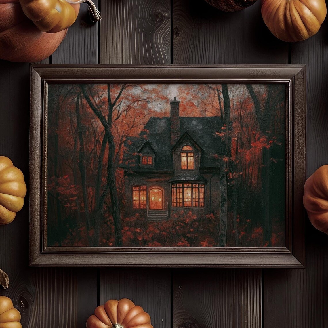 A Cozy Stone Cottage Glowing Among Red Autumn Trees at Dusk Poster - Image 2